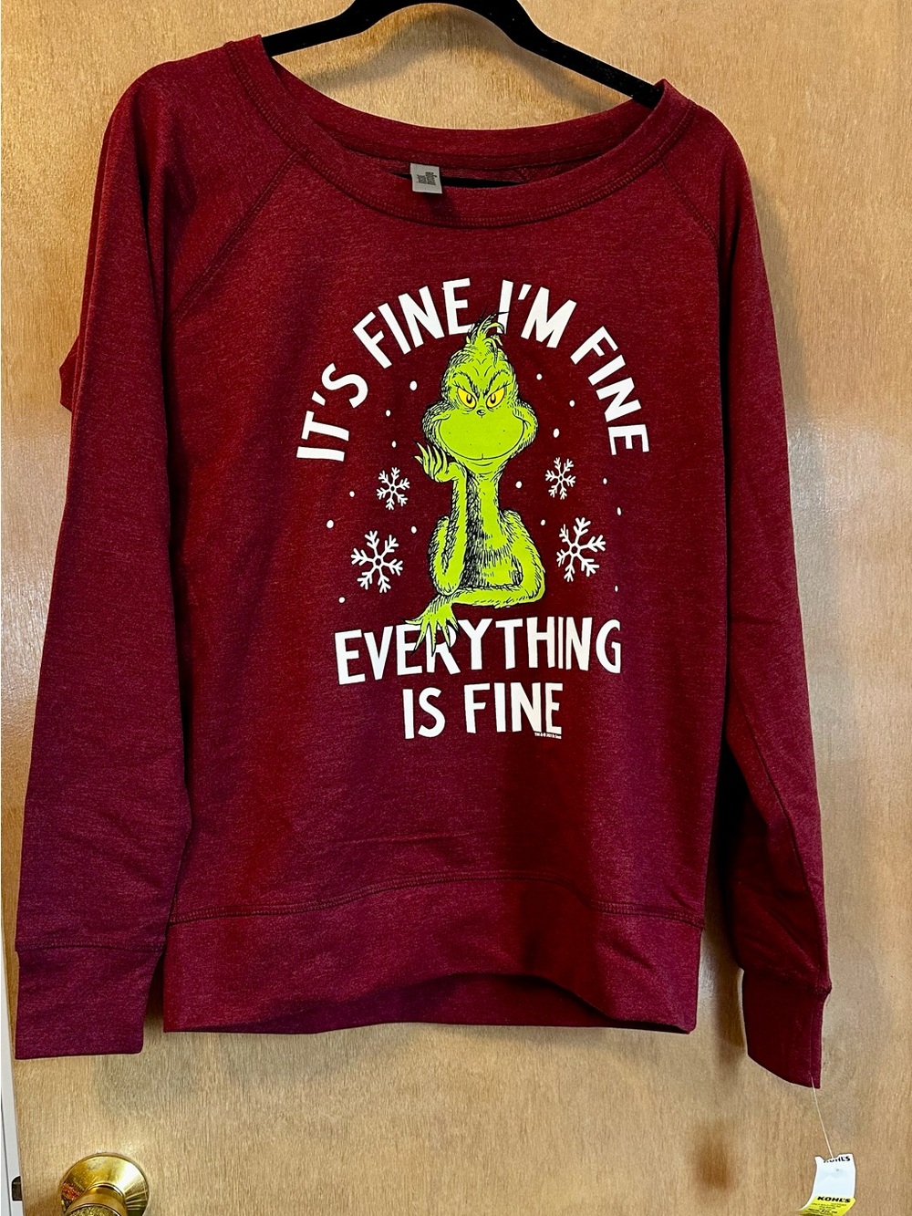 Women’s Burgundy Grinch Graphic Sweatshirt It’s Fine Im  Fine Everything Is Fine
